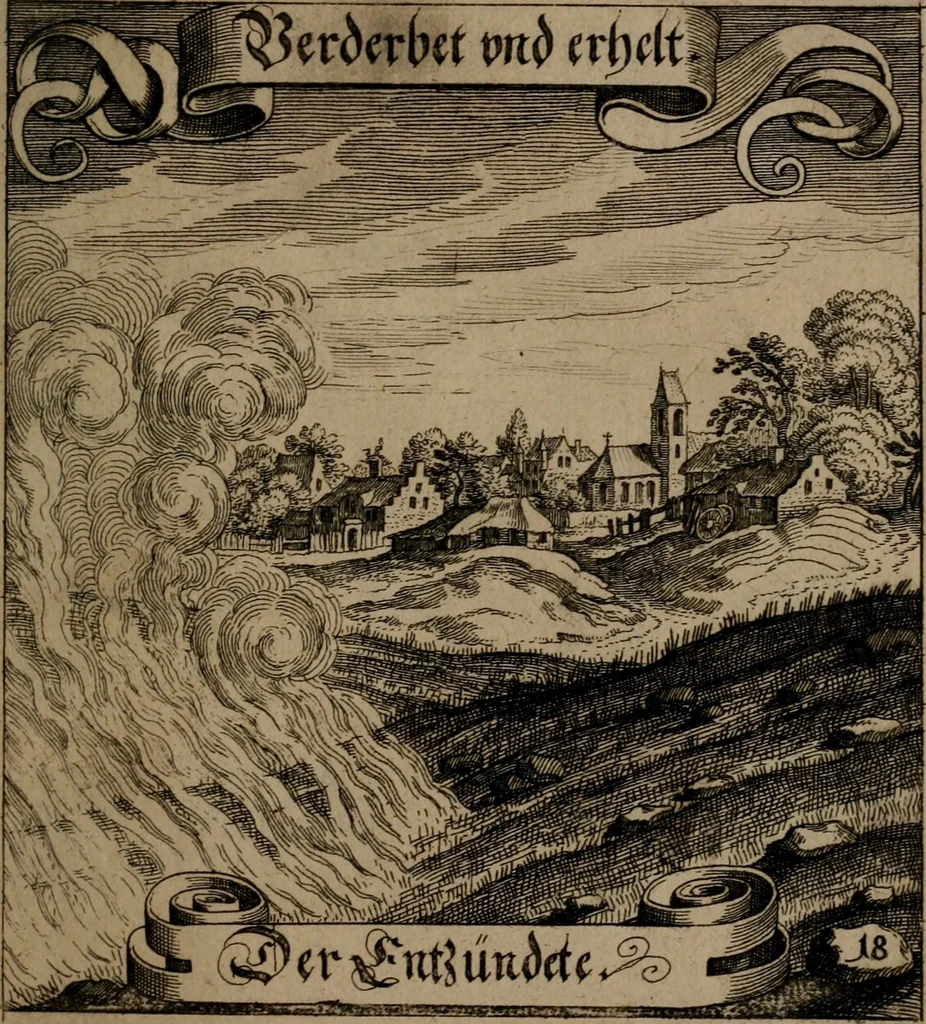 An illustration from Der Fruchtbringenden Geselschaft Nahmen, Vorhaben, Gemählde und Wörter : nach jedes Einnahme ordentlich in Kupfer gestochen, und in achtzeilige Reimgesetze verfasset, 1646, leaf 46