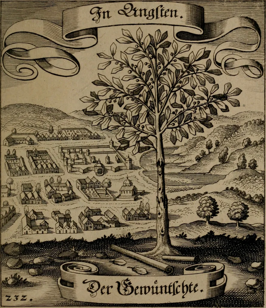 An illustration from Der Fruchtbringenden Geselschaft Nahmen, Vorhaben, Gemählde und Wörter : nach jedes Einnahme ordentlich in Kupfer gestochen, und in achtzeilige Reimgesetze verfasset, 1646, leaf 482