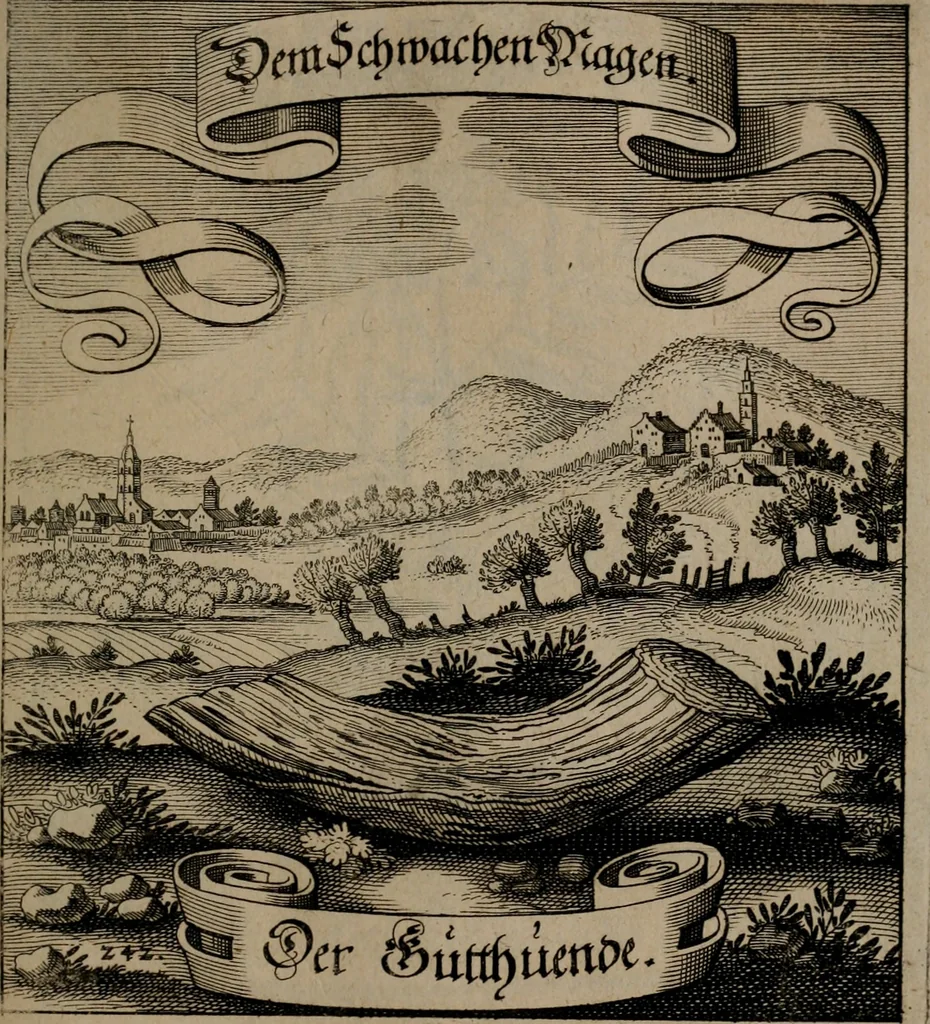 An illustration from Der Fruchtbringenden Geselschaft Nahmen, Vorhaben, Gemählde und Wörter : nach jedes Einnahme ordentlich in Kupfer gestochen, und in achtzeilige Reimgesetze verfasset, 1646, leaf 502