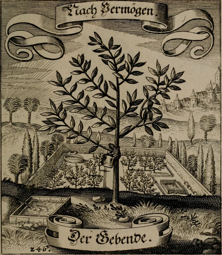 An illustration from Der Fruchtbringenden Geselschaft Nahmen, Vorhaben, Gemählde und Wörter : nach jedes Einnahme ordentlich in Kupfer gestochen, und in achtzeilige Reimgesetze verfasset, 1646, leaf 510