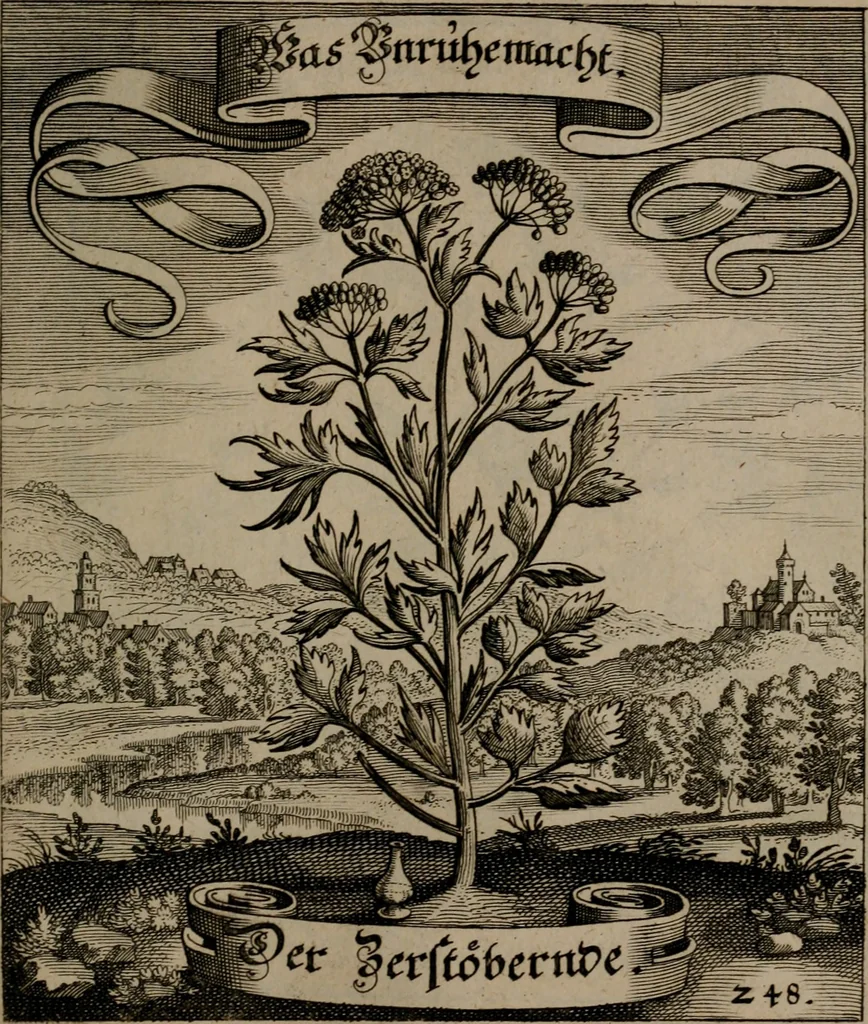 An illustration from Der Fruchtbringenden Geselschaft Nahmen, Vorhaben, Gemählde und Wörter : nach jedes Einnahme ordentlich in Kupfer gestochen, und in achtzeilige Reimgesetze verfasset, 1646, leaf 514