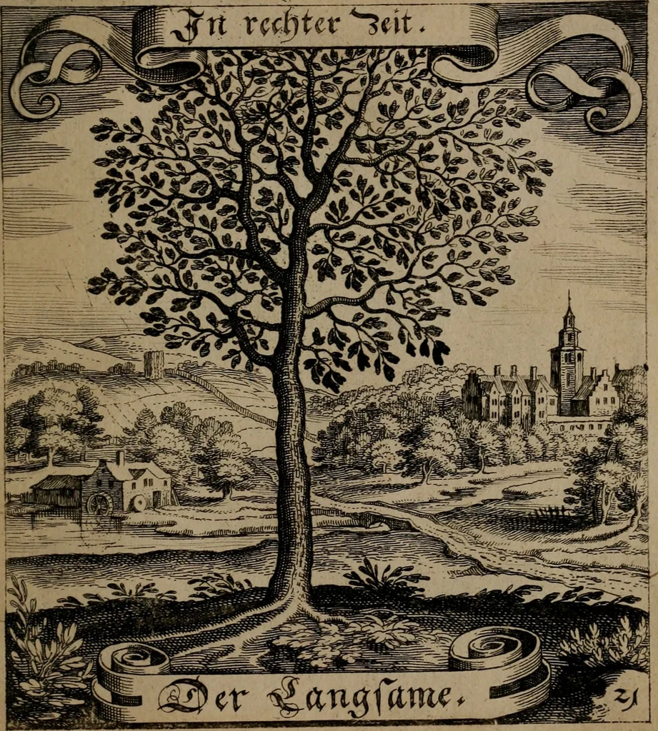 An illustration from Der Fruchtbringenden Geselschaft Nahmen, Vorhaben, Gemählde und Wörter : nach jedes Einnahme ordentlich in Kupfer gestochen, und in achtzeilige Reimgesetze verfasset, 1646, leaf 52