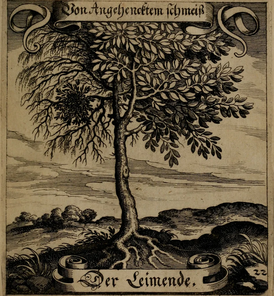 An illustration from Der Fruchtbringenden Geselschaft Nahmen, Vorhaben, Gemählde und Wörter : nach jedes Einnahme ordentlich in Kupfer gestochen, und in achtzeilige Reimgesetze verfasset, 1646, leaf 54