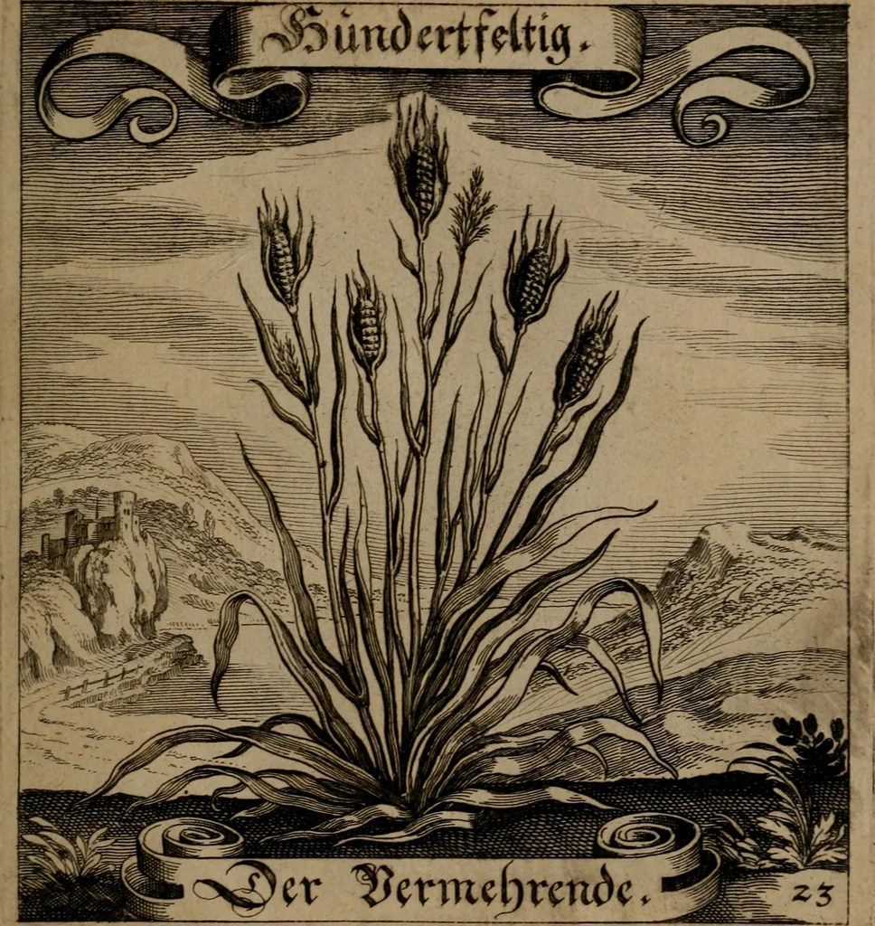 An illustration from Der Fruchtbringenden Geselschaft Nahmen, Vorhaben, Gemählde und Wörter : nach jedes Einnahme ordentlich in Kupfer gestochen, und in achtzeilige Reimgesetze verfasset, 1646, leaf 56