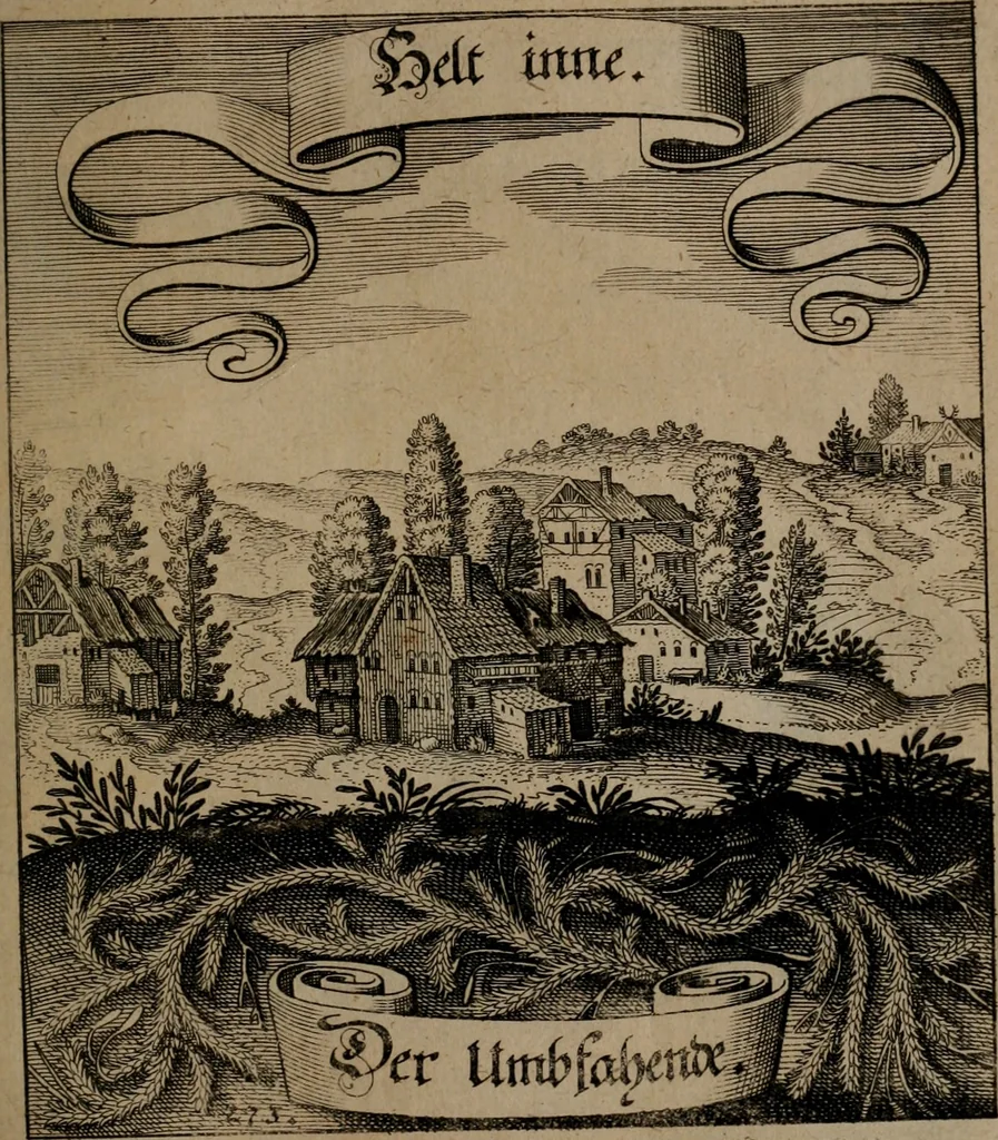 An illustration from Der Fruchtbringenden Geselschaft Nahmen, Vorhaben, Gemählde und Wörter : nach jedes Einnahme ordentlich in Kupfer gestochen, und in achtzeilige Reimgesetze verfasset, 1646, leaf 564