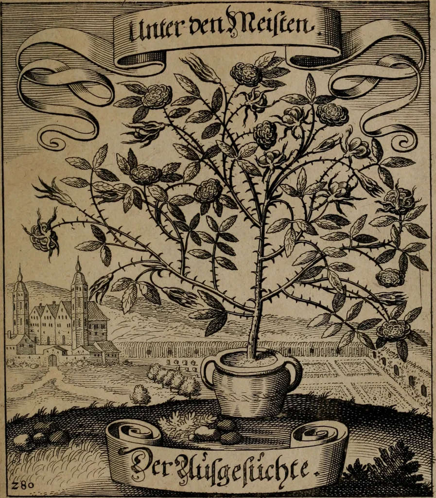 An illustration from Der Fruchtbringenden Geselschaft Nahmen, Vorhaben, Gemählde und Wörter : nach jedes Einnahme ordentlich in Kupfer gestochen, und in achtzeilige Reimgesetze verfasset, 1646, leaf 578