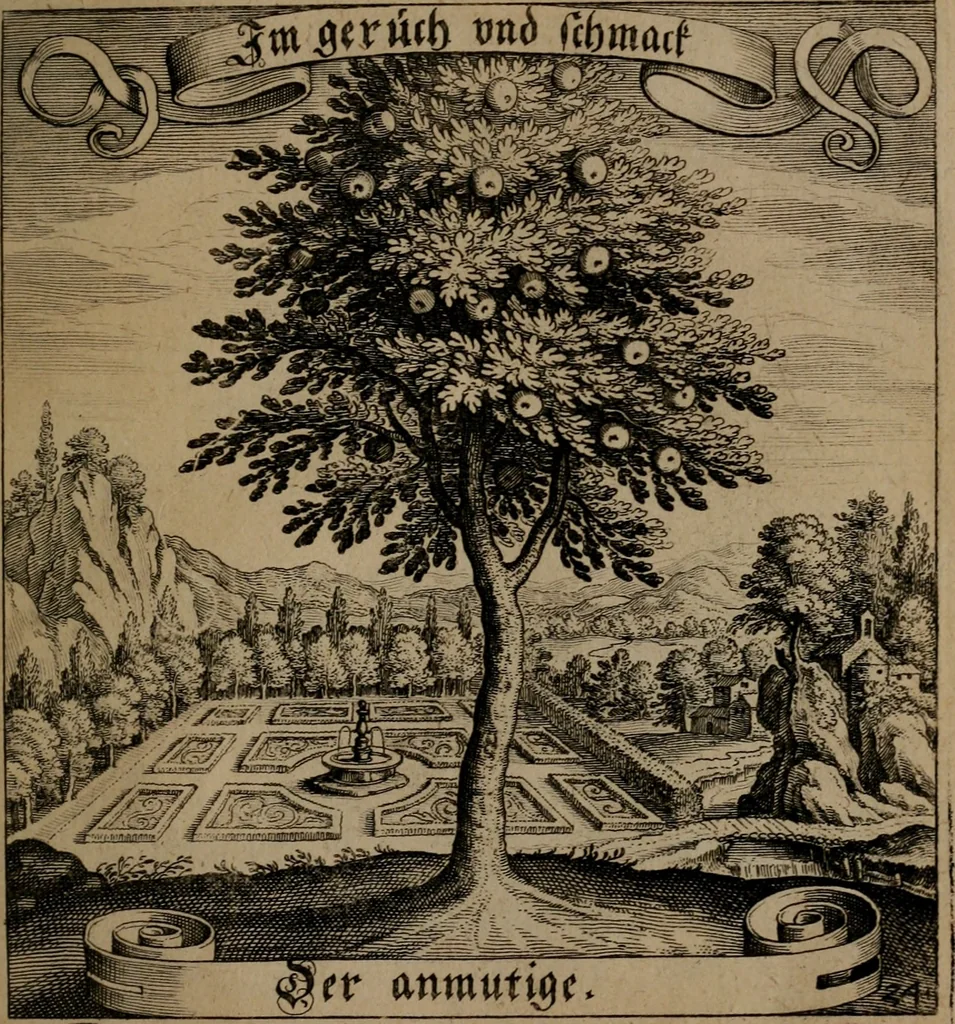 An illustration from Der Fruchtbringenden Geselschaft Nahmen, Vorhaben, Gemählde und Wörter : nach jedes Einnahme ordentlich in Kupfer gestochen, und in achtzeilige Reimgesetze verfasset, 1646, leaf 58