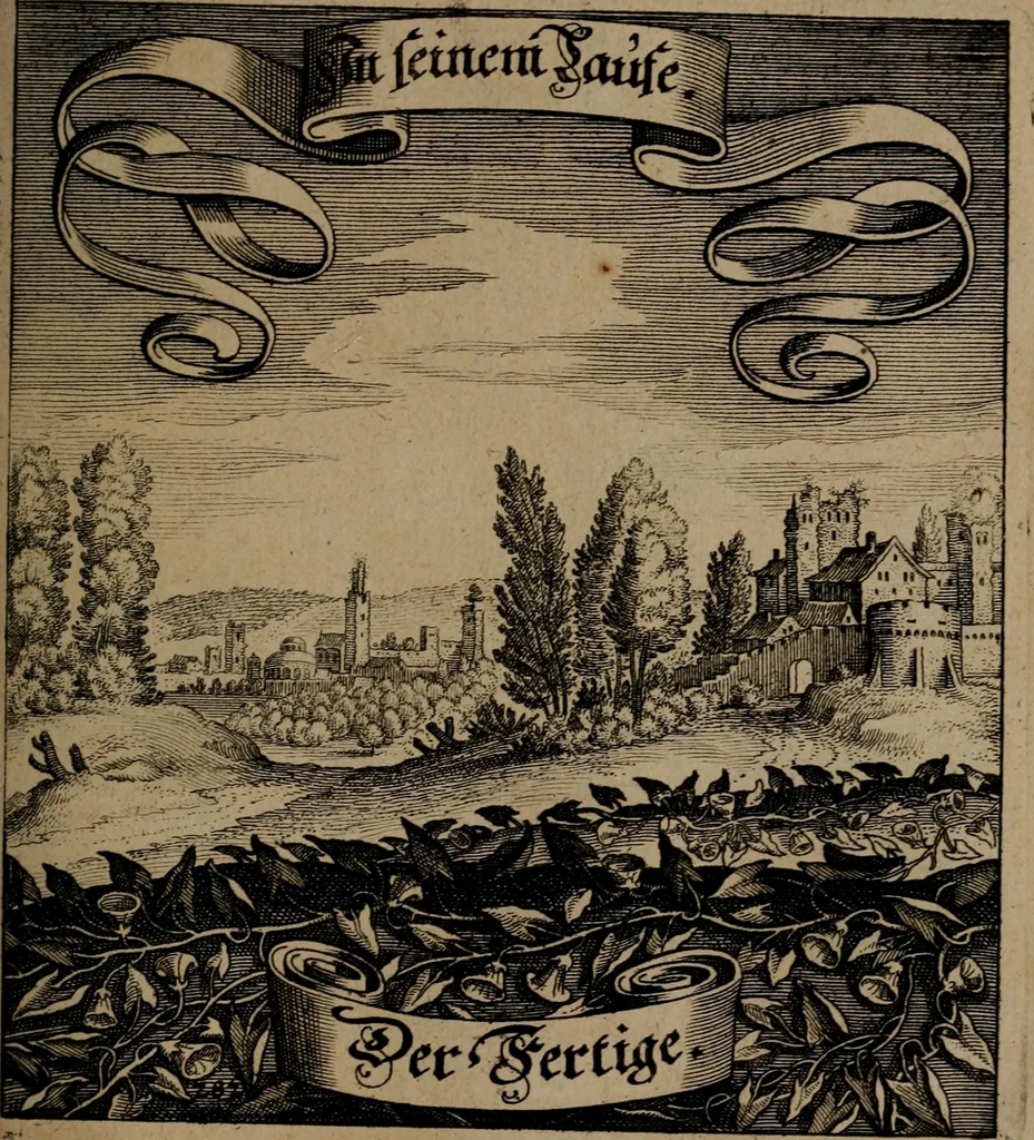 An illustration from Der Fruchtbringenden Geselschaft Nahmen, Vorhaben, Gemählde und Wörter : nach jedes Einnahme ordentlich in Kupfer gestochen, und in achtzeilige Reimgesetze verfasset, 1646, leaf 582