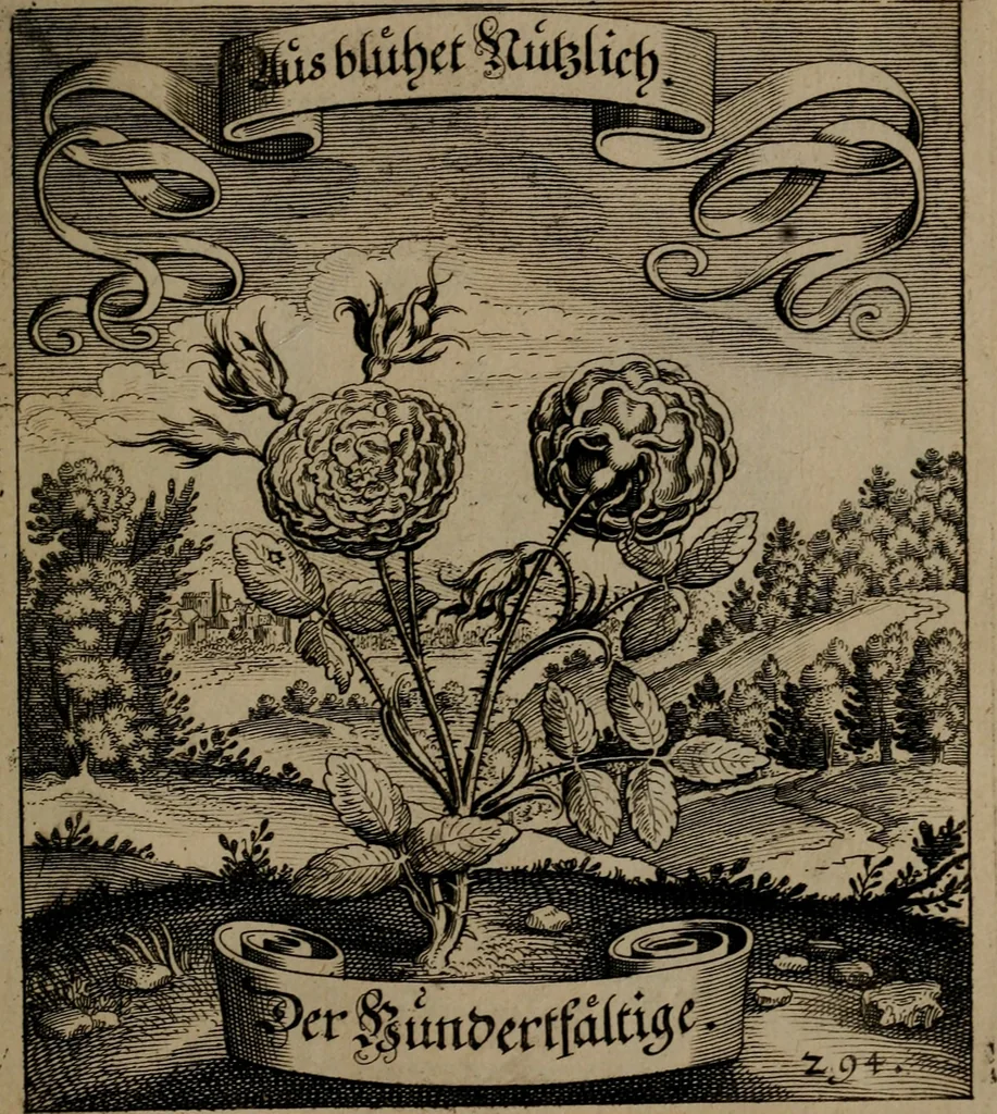 An illustration from Der Fruchtbringenden Geselschaft Nahmen, Vorhaben, Gemählde und Wörter : nach jedes Einnahme ordentlich in Kupfer gestochen, und in achtzeilige Reimgesetze verfasset, 1646, leaf 606