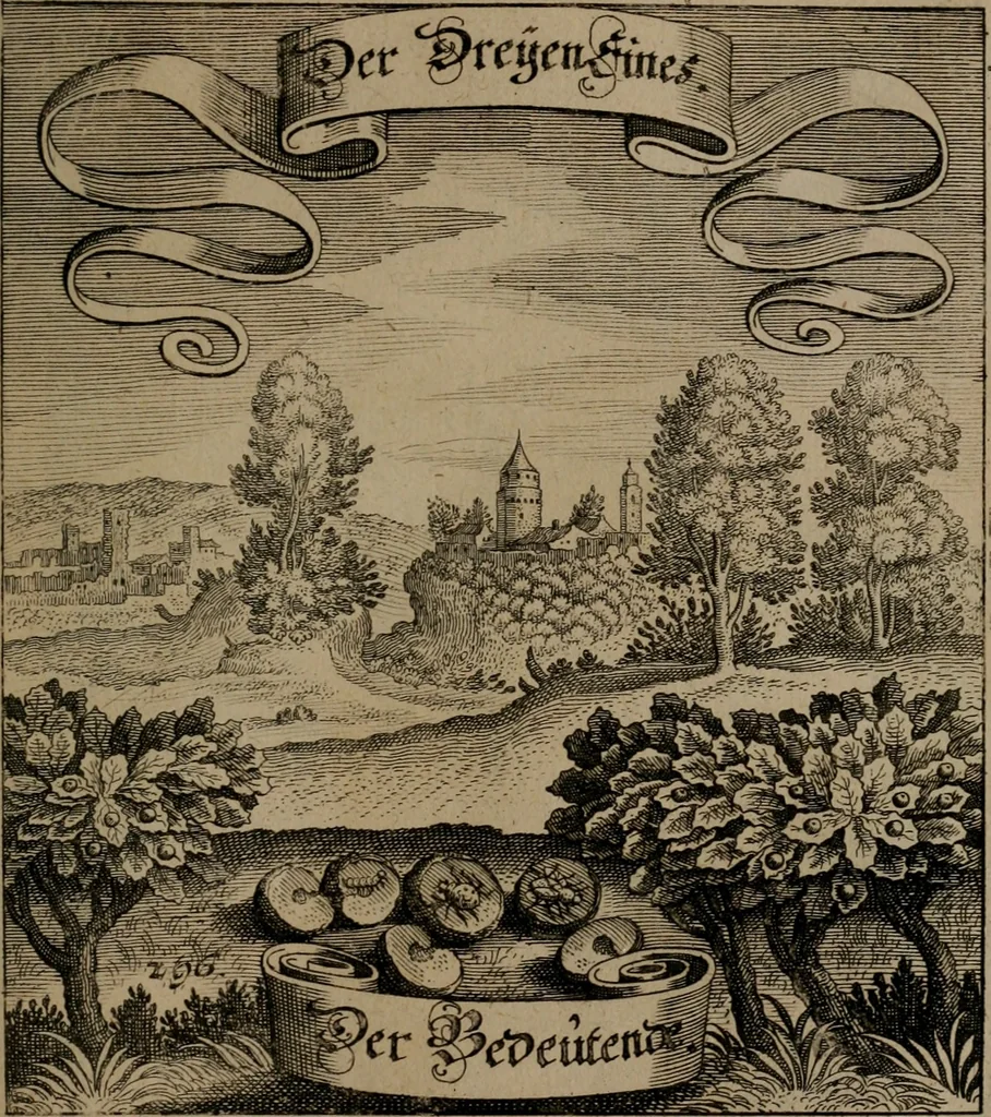 An illustration from Der Fruchtbringenden Geselschaft Nahmen, Vorhaben, Gemählde und Wörter : nach jedes Einnahme ordentlich in Kupfer gestochen, und in achtzeilige Reimgesetze verfasset, 1646, leaf 610