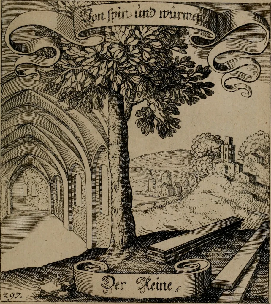 An illustration from Der Fruchtbringenden Geselschaft Nahmen, Vorhaben, Gemählde und Wörter : nach jedes Einnahme ordentlich in Kupfer gestochen, und in achtzeilige Reimgesetze verfasset, 1646, leaf 612