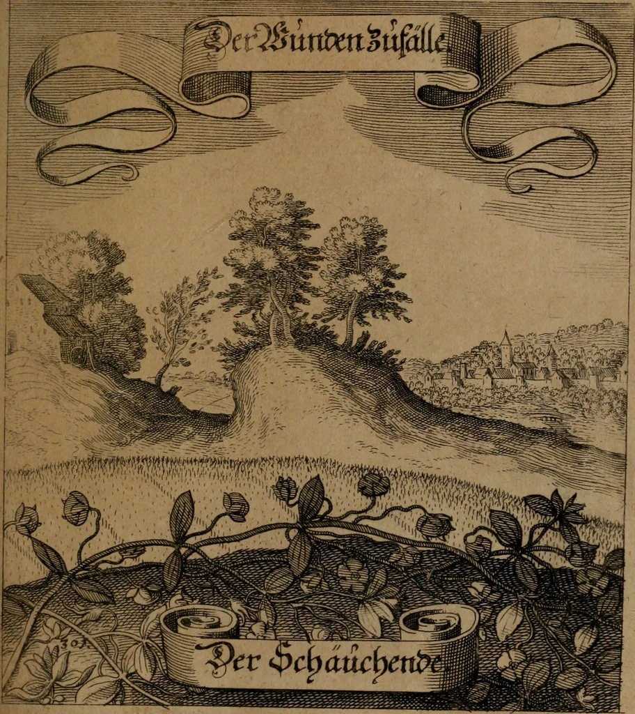 An illustration from Der Fruchtbringenden Geselschaft Nahmen, Vorhaben, Gemählde und Wörter : nach jedes Einnahme ordentlich in Kupfer gestochen, und in achtzeilige Reimgesetze verfasset, 1646, leaf 624