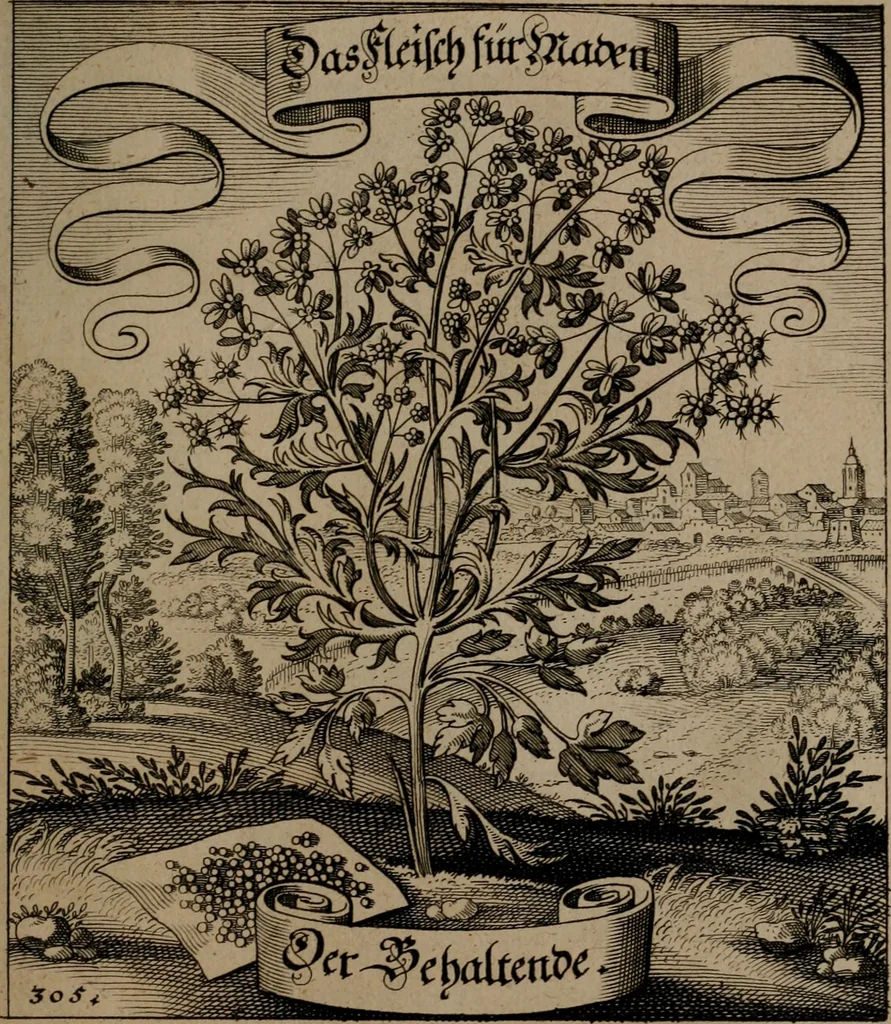 An illustration from Der Fruchtbringenden Geselschaft Nahmen, Vorhaben, Gemählde und Wörter : nach jedes Einnahme ordentlich in Kupfer gestochen, und in achtzeilige Reimgesetze verfasset, 1646, leaf 632