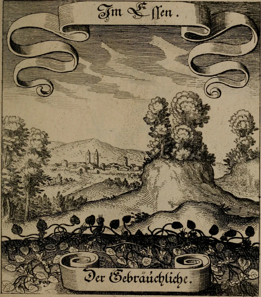An illustration from Der Fruchtbringenden Geselschaft Nahmen, Vorhaben, Gemählde und Wörter : nach jedes Einnahme ordentlich in Kupfer gestochen, und in achtzeilige Reimgesetze verfasset, 1646, leaf 640
