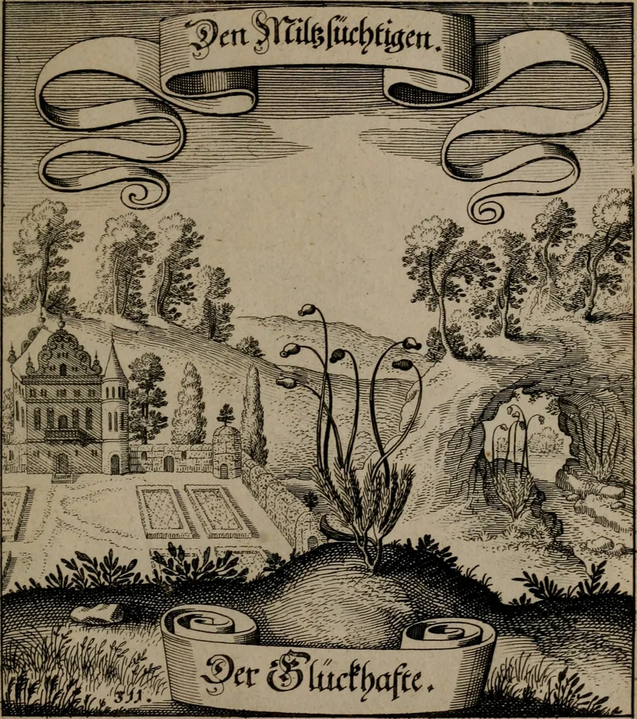 An illustration from Der Fruchtbringenden Geselschaft Nahmen, Vorhaben, Gemählde und Wörter : nach jedes Einnahme ordentlich in Kupfer gestochen, und in achtzeilige Reimgesetze verfasset, 1646, leaf 644