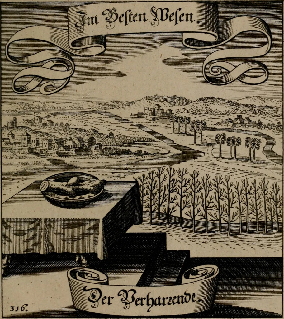 An illustration from Der Fruchtbringenden Geselschaft Nahmen, Vorhaben, Gemählde und Wörter : nach jedes Einnahme ordentlich in Kupfer gestochen, und in achtzeilige Reimgesetze verfasset, 1646, leaf 654