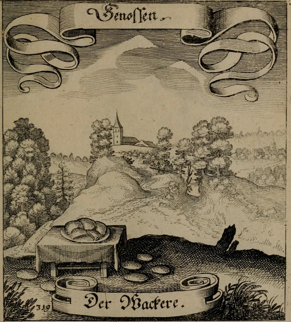 An illustration from Der Fruchtbringenden Geselschaft Nahmen, Vorhaben, Gemählde und Wörter : nach jedes Einnahme ordentlich in Kupfer gestochen, und in achtzeilige Reimgesetze verfasset, 1646, leaf 660