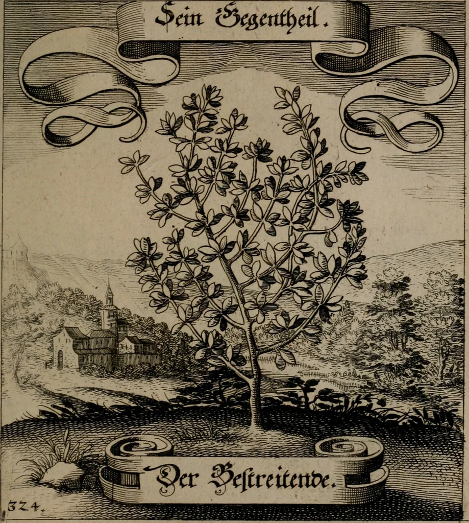 An illustration from Der Fruchtbringenden Geselschaft Nahmen, Vorhaben, Gemählde und Wörter : nach jedes Einnahme ordentlich in Kupfer gestochen, und in achtzeilige Reimgesetze verfasset, 1646, leaf 670