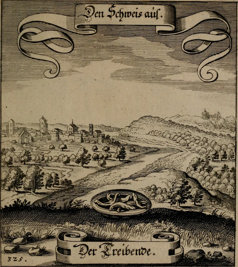 An illustration from Der Fruchtbringenden Geselschaft Nahmen, Vorhaben, Gemählde und Wörter : nach jedes Einnahme ordentlich in Kupfer gestochen, und in achtzeilige Reimgesetze verfasset, 1646, leaf 672