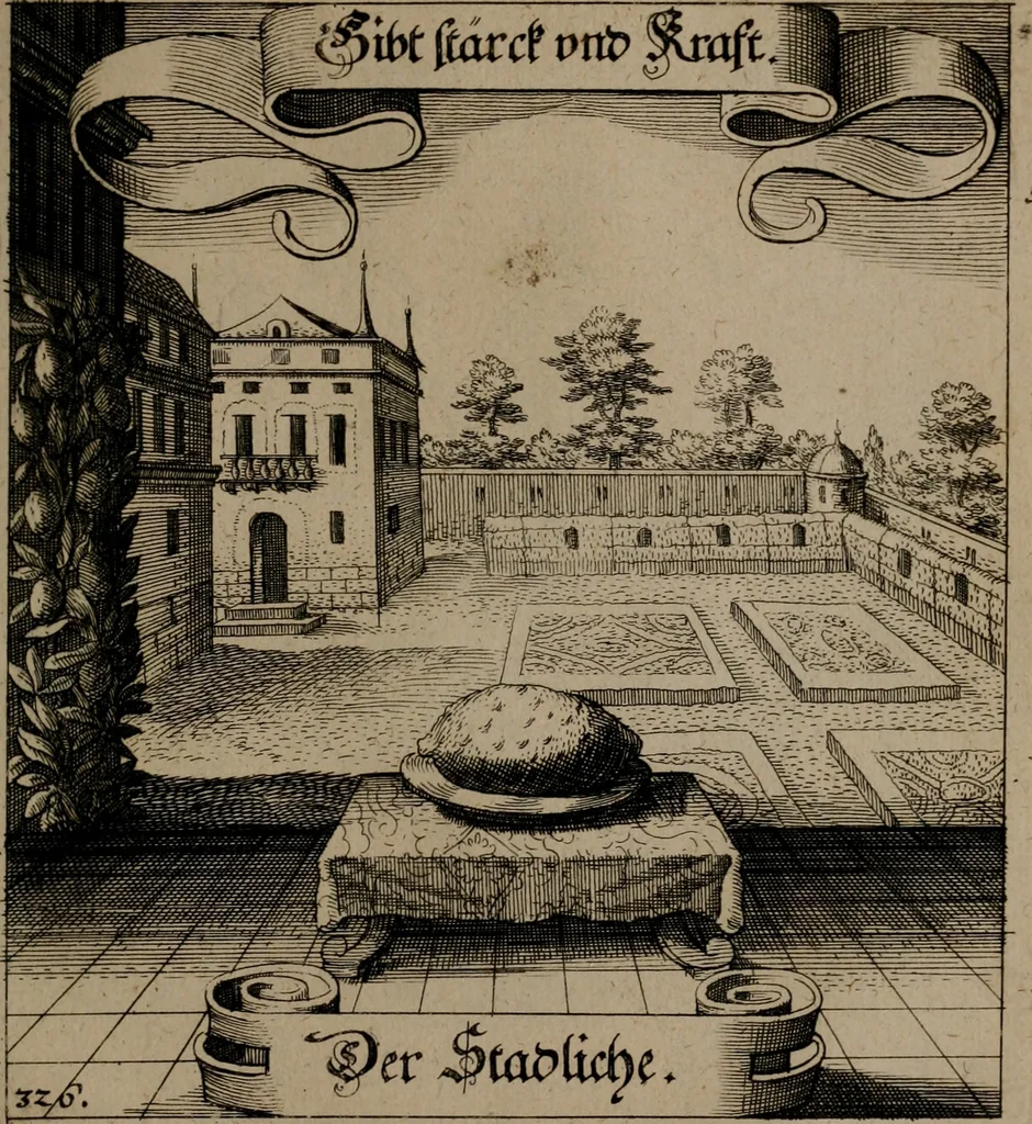An illustration from Der Fruchtbringenden Geselschaft Nahmen, Vorhaben, Gemählde und Wörter : nach jedes Einnahme ordentlich in Kupfer gestochen, und in achtzeilige Reimgesetze verfasset, 1646, leaf 674