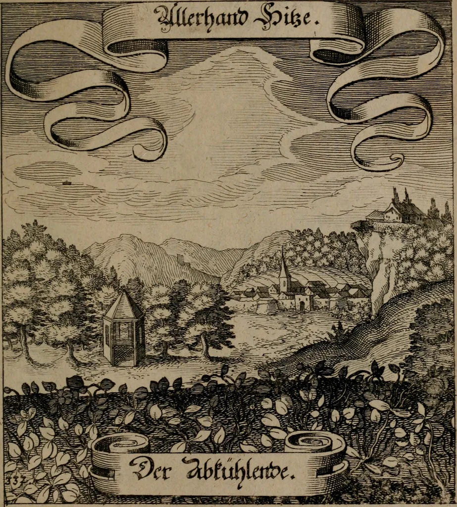 An illustration from Der Fruchtbringenden Geselschaft Nahmen, Vorhaben, Gemählde und Wörter : nach jedes Einnahme ordentlich in Kupfer gestochen, und in achtzeilige Reimgesetze verfasset, 1646, leaf 686