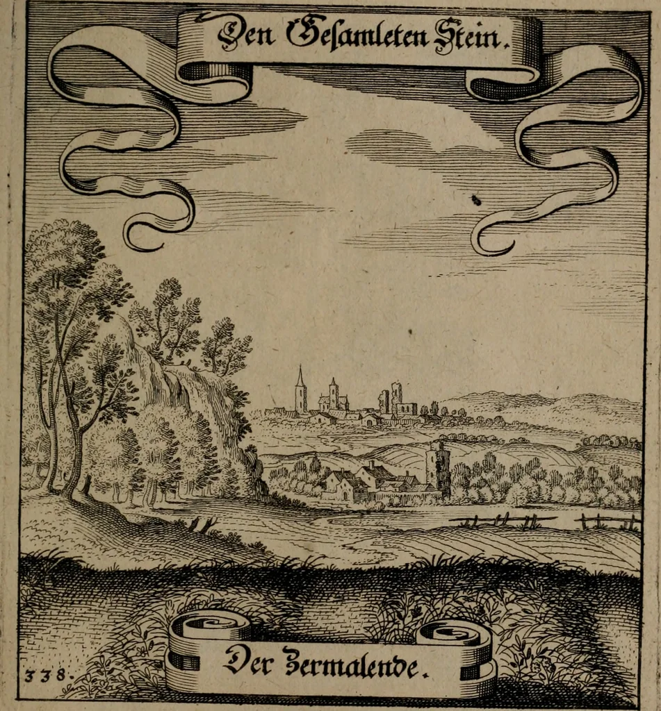 An illustration from Der Fruchtbringenden Geselschaft Nahmen, Vorhaben, Gemählde und Wörter : nach jedes Einnahme ordentlich in Kupfer gestochen, und in achtzeilige Reimgesetze verfasset, 1646, leaf 698