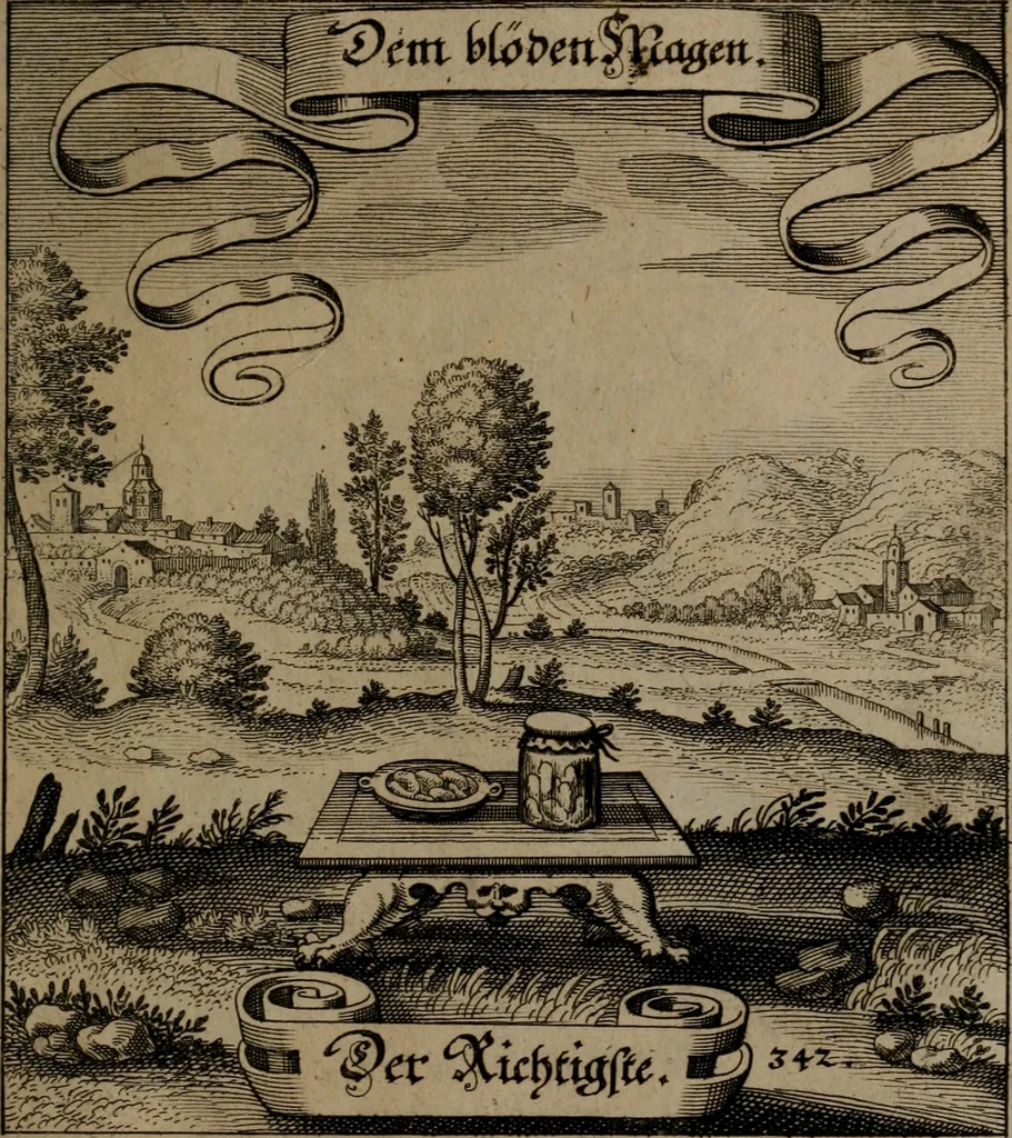 An illustration from Der Fruchtbringenden Geselschaft Nahmen, Vorhaben, Gemählde und Wörter : nach jedes Einnahme ordentlich in Kupfer gestochen, und in achtzeilige Reimgesetze verfasset, 1646, leaf 706