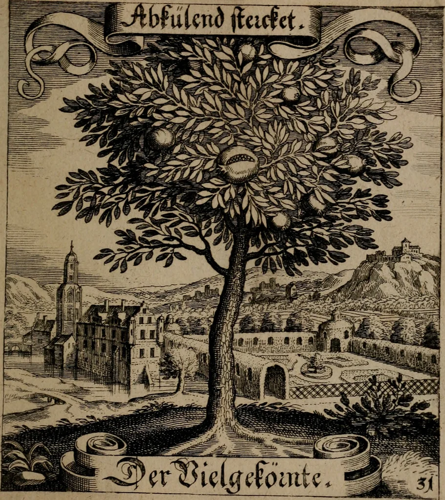 An illustration from Der Fruchtbringenden Geselschaft Nahmen, Vorhaben, Gemählde und Wörter : nach jedes Einnahme ordentlich in Kupfer gestochen, und in achtzeilige Reimgesetze verfasset, 1646, leaf 72