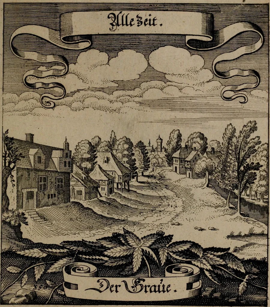 An illustration from Der Fruchtbringenden Geselschaft Nahmen, Vorhaben, Gemählde und Wörter : nach jedes Einnahme ordentlich in Kupfer gestochen, und in achtzeilige Reimgesetze verfasset, 1646, leaf 722
