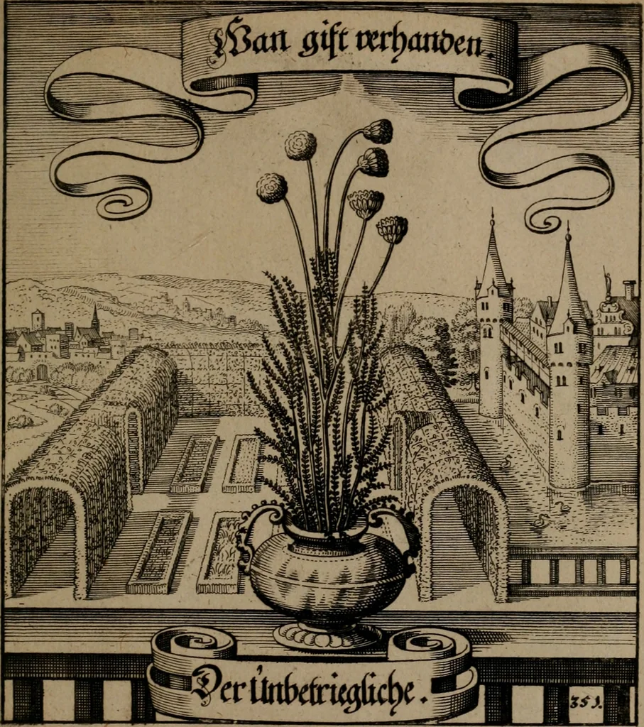 An illustration from Der Fruchtbringenden Geselschaft Nahmen, Vorhaben, Gemählde und Wörter : nach jedes Einnahme ordentlich in Kupfer gestochen, und in achtzeilige Reimgesetze verfasset, 1646, leaf 724
