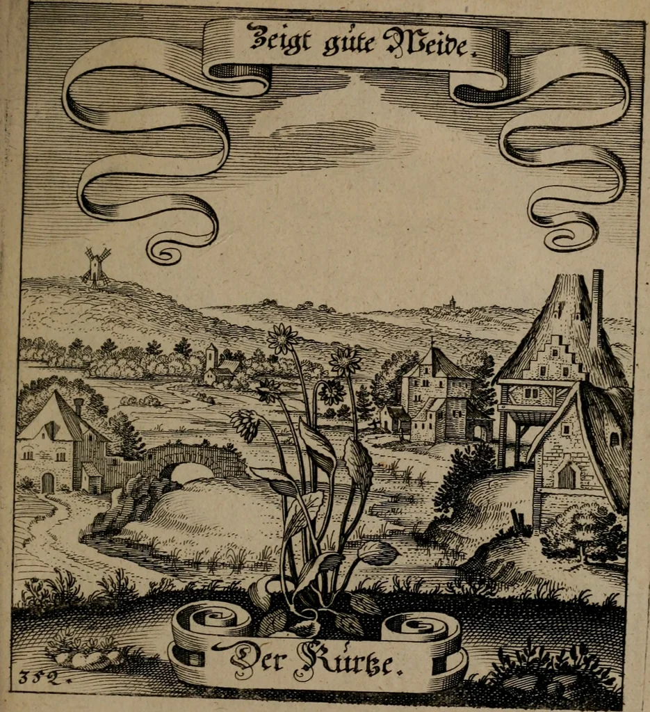 An illustration from Der Fruchtbringenden Geselschaft Nahmen, Vorhaben, Gemählde und Wörter : nach jedes Einnahme ordentlich in Kupfer gestochen, und in achtzeilige Reimgesetze verfasset, 1646, leaf 726