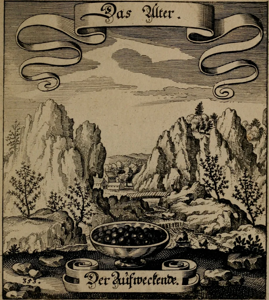 An illustration from Der Fruchtbringenden Geselschaft Nahmen, Vorhaben, Gemählde und Wörter : nach jedes Einnahme ordentlich in Kupfer gestochen, und in achtzeilige Reimgesetze verfasset, 1646, leaf 728
