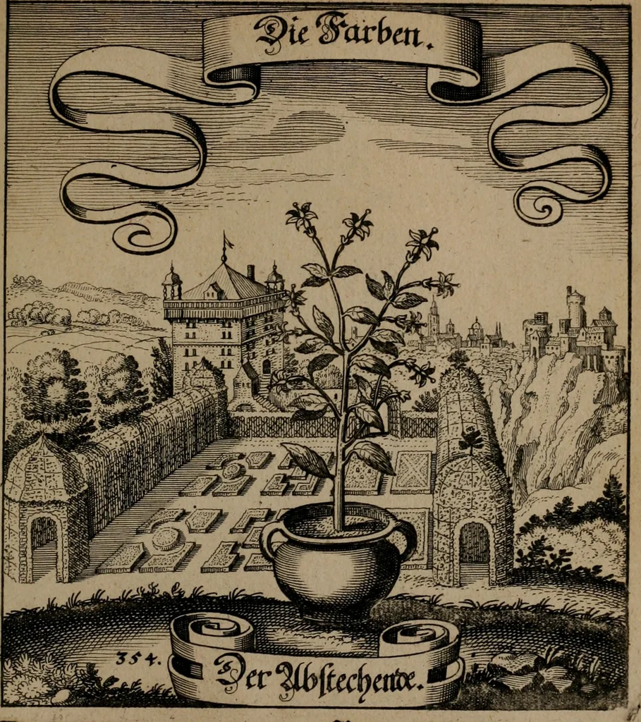 An illustration from Der Fruchtbringenden Geselschaft Nahmen, Vorhaben, Gemählde und Wörter : nach jedes Einnahme ordentlich in Kupfer gestochen, und in achtzeilige Reimgesetze verfasset, 1646, leaf 730
