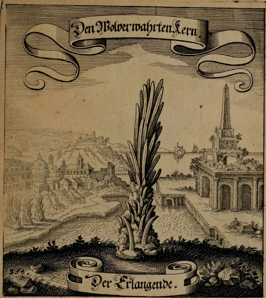 An illustration from Der Fruchtbringenden Geselschaft Nahmen, Vorhaben, Gemählde und Wörter : nach jedes Einnahme ordentlich in Kupfer gestochen, und in achtzeilige Reimgesetze verfasset, 1646, leaf 738
