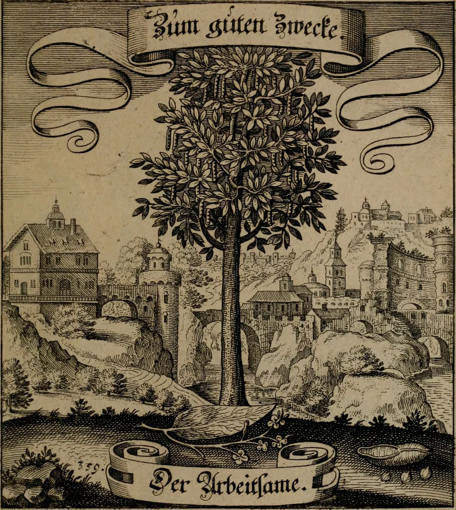 An illustration from Der Fruchtbringenden Geselschaft Nahmen, Vorhaben, Gemählde und Wörter : nach jedes Einnahme ordentlich in Kupfer gestochen, und in achtzeilige Reimgesetze verfasset, 1646, leaf 740