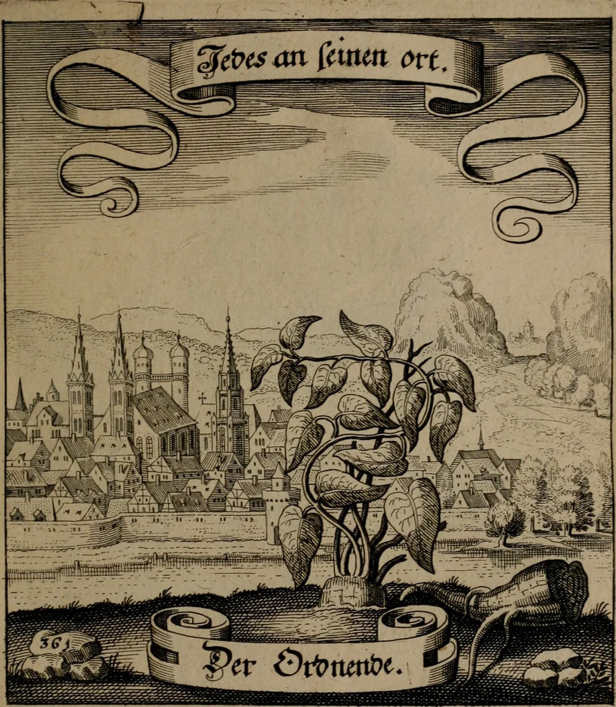 An illustration from Der Fruchtbringenden Geselschaft Nahmen, Vorhaben, Gemählde und Wörter : nach jedes Einnahme ordentlich in Kupfer gestochen, und in achtzeilige Reimgesetze verfasset, 1646, leaf 744
