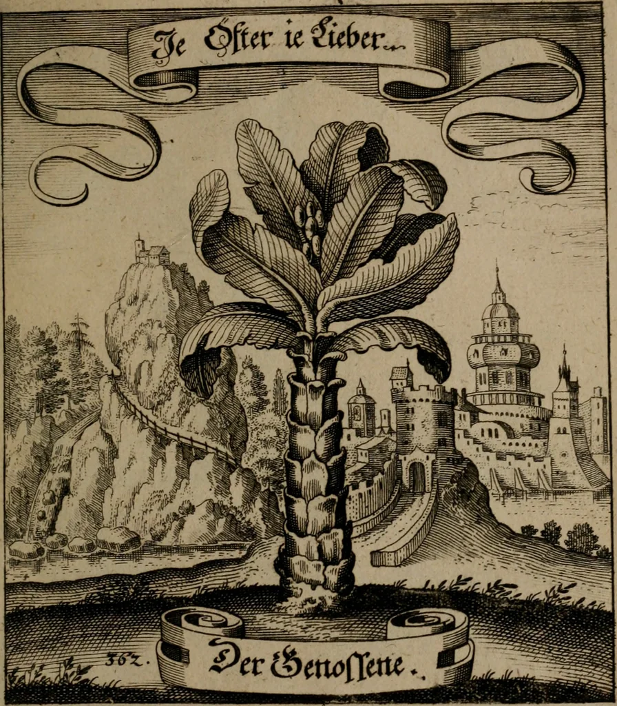 An illustration from Der Fruchtbringenden Geselschaft Nahmen, Vorhaben, Gemählde und Wörter : nach jedes Einnahme ordentlich in Kupfer gestochen, und in achtzeilige Reimgesetze verfasset, 1646, leaf 746