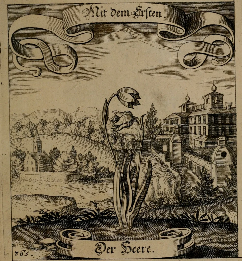 An illustration from Der Fruchtbringenden Geselschaft Nahmen, Vorhaben, Gemählde und Wörter : nach jedes Einnahme ordentlich in Kupfer gestochen, und in achtzeilige Reimgesetze verfasset, 1646, leaf 752