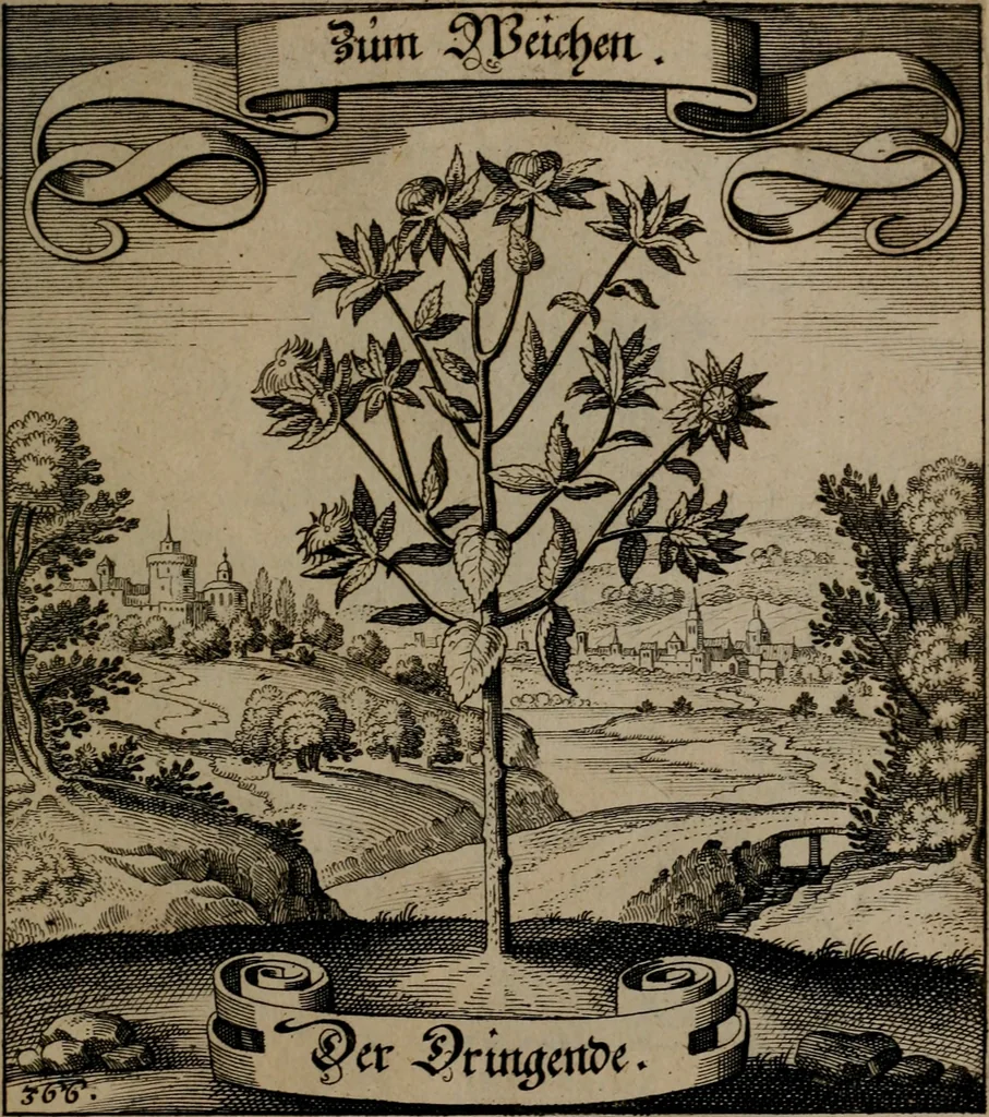An illustration from Der Fruchtbringenden Geselschaft Nahmen, Vorhaben, Gemählde und Wörter : nach jedes Einnahme ordentlich in Kupfer gestochen, und in achtzeilige Reimgesetze verfasset, 1646, leaf 754