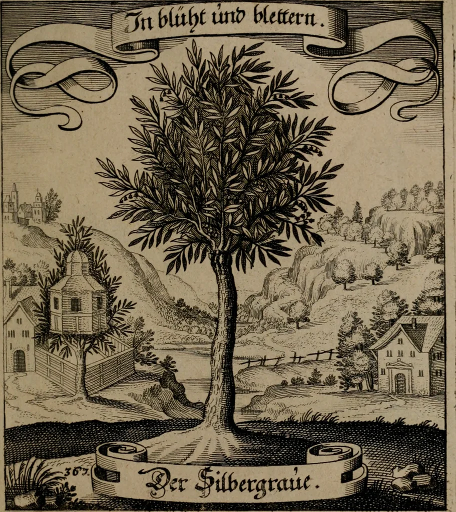 An illustration from Der Fruchtbringenden Geselschaft Nahmen, Vorhaben, Gemählde und Wörter : nach jedes Einnahme ordentlich in Kupfer gestochen, und in achtzeilige Reimgesetze verfasset, 1646, leaf 756