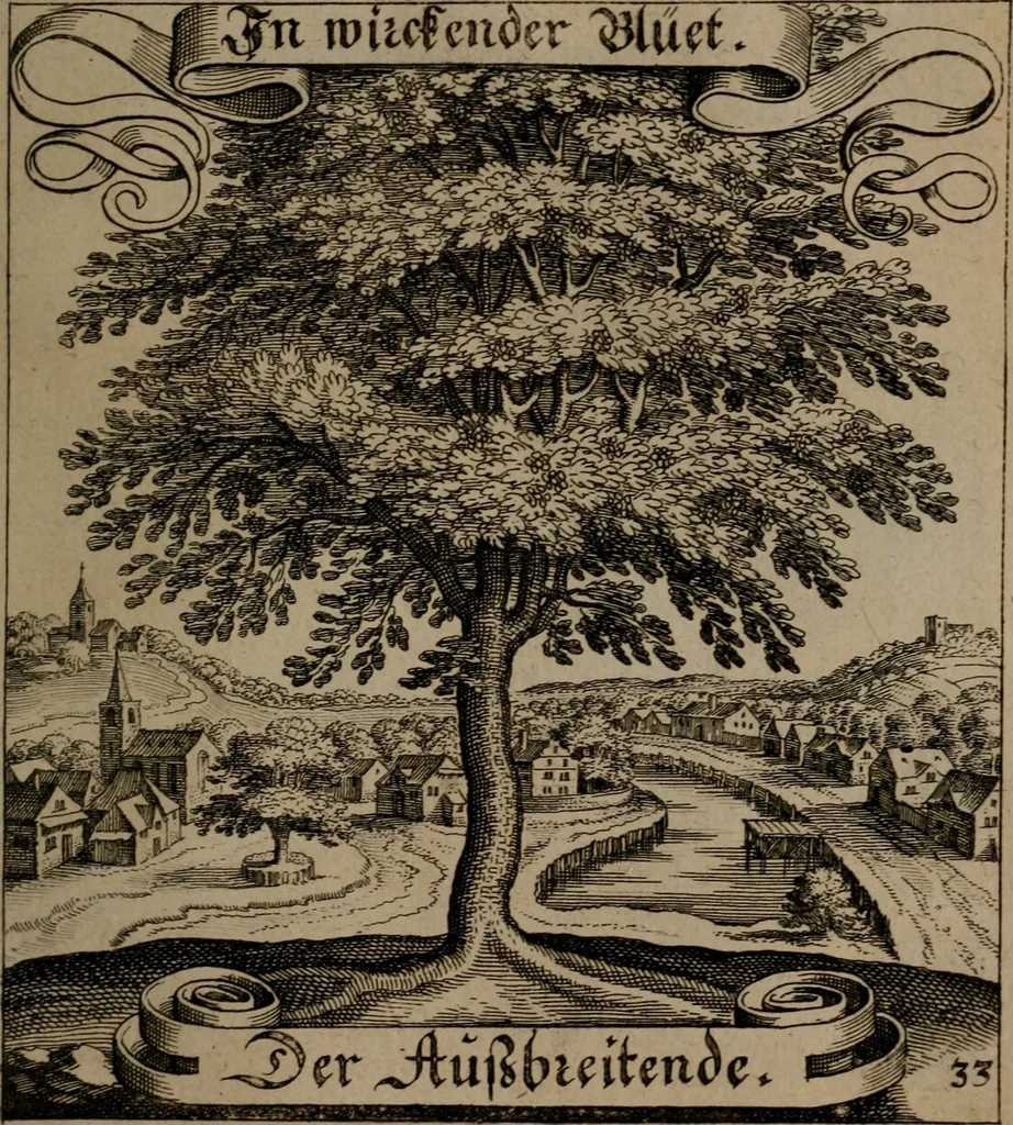 An illustration from Der Fruchtbringenden Geselschaft Nahmen, Vorhaben, Gemählde und Wörter : nach jedes Einnahme ordentlich in Kupfer gestochen, und in achtzeilige Reimgesetze verfasset, 1646, leaf 76