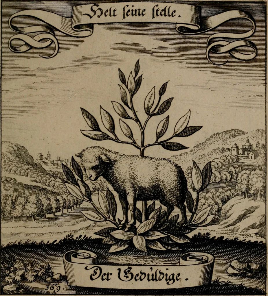 An illustration from Der Fruchtbringenden Geselschaft Nahmen, Vorhaben, Gemählde und Wörter : nach jedes Einnahme ordentlich in Kupfer gestochen, und in achtzeilige Reimgesetze verfasset, 1646, leaf 760