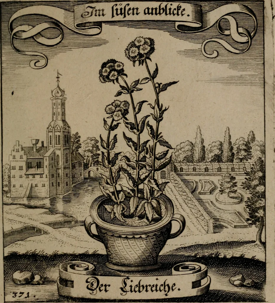 An illustration from Der Fruchtbringenden Geselschaft Nahmen, Vorhaben, Gemählde und Wörter : nach jedes Einnahme ordentlich in Kupfer gestochen, und in achtzeilige Reimgesetze verfasset, 1646, leaf 764