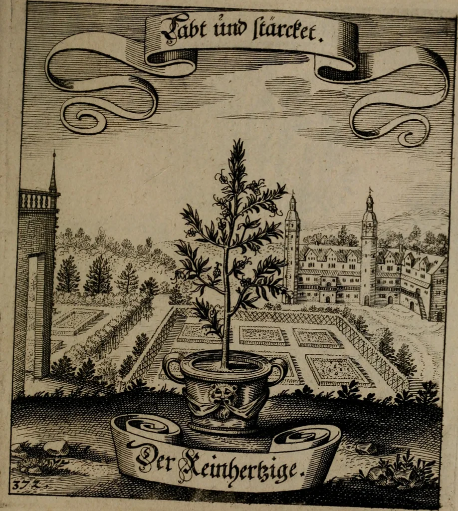 An illustration from Der Fruchtbringenden Geselschaft Nahmen, Vorhaben, Gemählde und Wörter : nach jedes Einnahme ordentlich in Kupfer gestochen, und in achtzeilige Reimgesetze verfasset, 1646, leaf 766