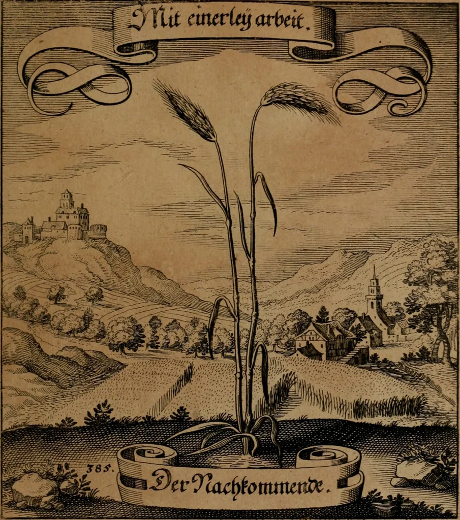 An illustration from Der Fruchtbringenden Geselschaft Nahmen, Vorhaben, Gemählde und Wörter : nach jedes Einnahme ordentlich in Kupfer gestochen, und in achtzeilige Reimgesetze verfasset, 1646, leaf 792