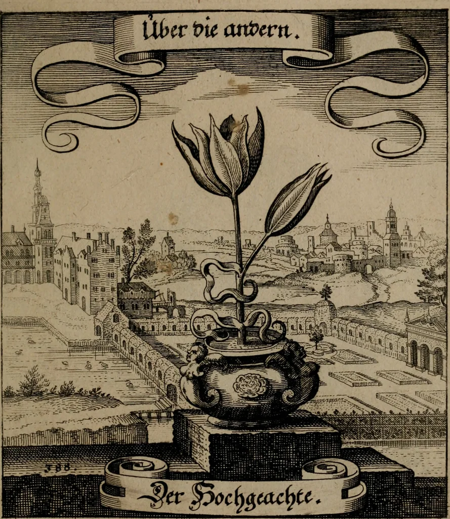 An illustration from Der Fruchtbringenden Geselschaft Nahmen, Vorhaben, Gemählde und Wörter : nach jedes Einnahme ordentlich in Kupfer gestochen, und in achtzeilige Reimgesetze verfasset, 1646, leaf 798