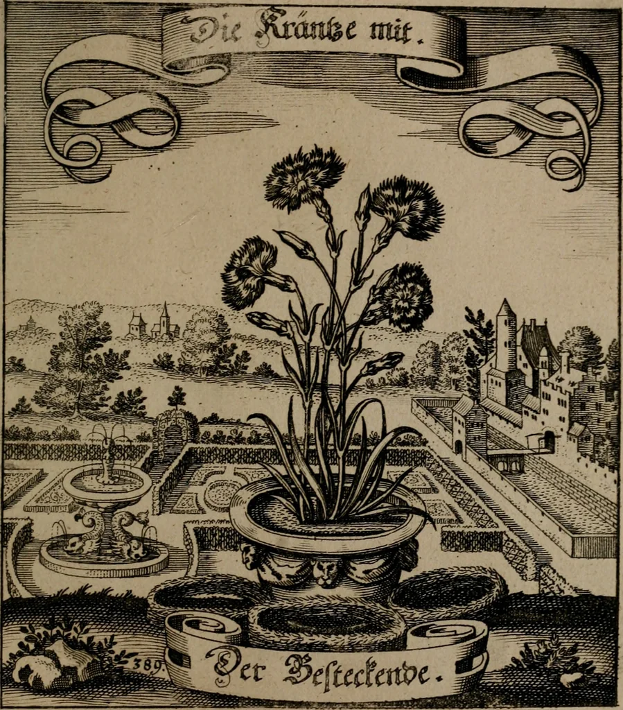 An illustration from Der Fruchtbringenden Geselschaft Nahmen, Vorhaben, Gemählde und Wörter : nach jedes Einnahme ordentlich in Kupfer gestochen, und in achtzeilige Reimgesetze verfasset, 1646, leaf 800