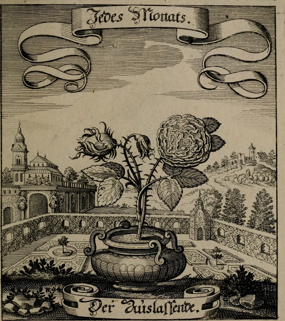 An illustration from Der Fruchtbringenden Geselschaft Nahmen, Vorhaben, Gemählde und Wörter : nach jedes Einnahme ordentlich in Kupfer gestochen, und in achtzeilige Reimgesetze verfasset, 1646, leaf 810