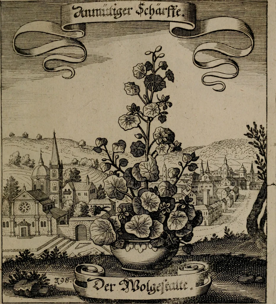 An illustration from Der Fruchtbringenden Geselschaft Nahmen, Vorhaben, Gemählde und Wörter : nach jedes Einnahme ordentlich in Kupfer gestochen, und in achtzeilige Reimgesetze verfasset, 1646, leaf 818