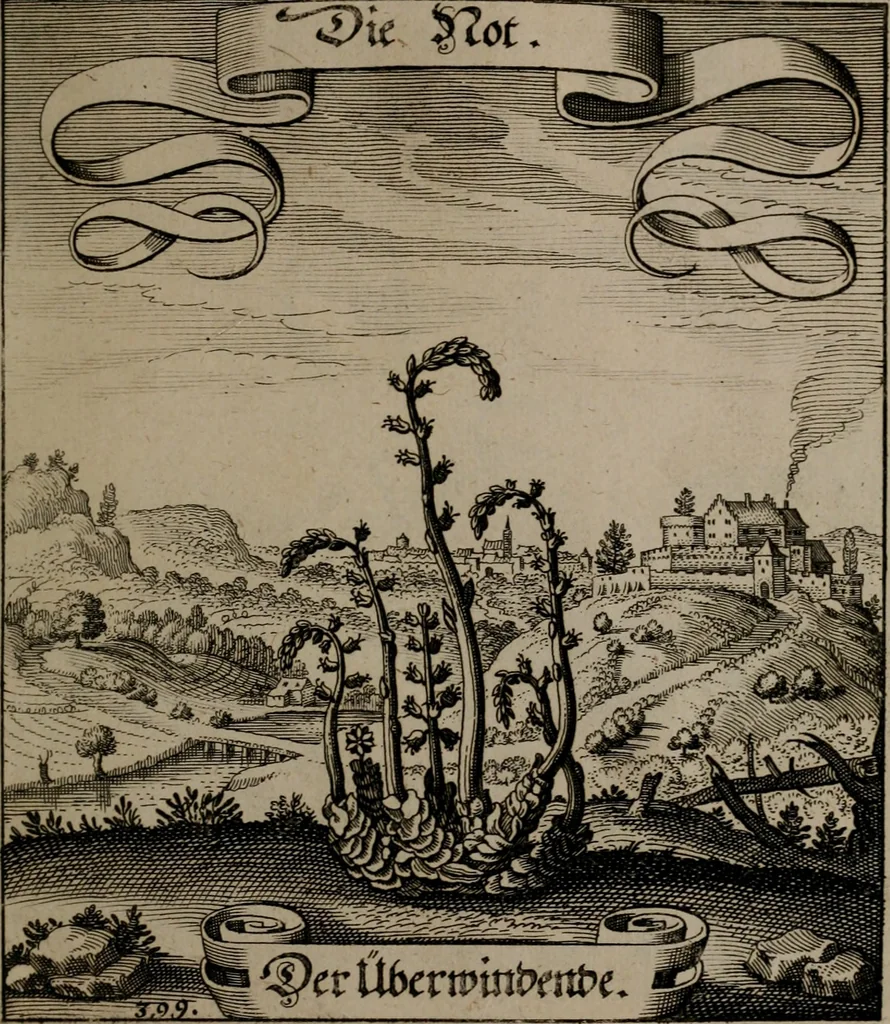 An illustration from Der Fruchtbringenden Geselschaft Nahmen, Vorhaben, Gemählde und Wörter : nach jedes Einnahme ordentlich in Kupfer gestochen, und in achtzeilige Reimgesetze verfasset, 1646, leaf 820